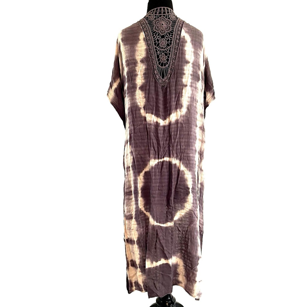 Ruggine Womens One Size Purple Gray Boho Tie Dye Kimono Crochet Beachy Flowy Top